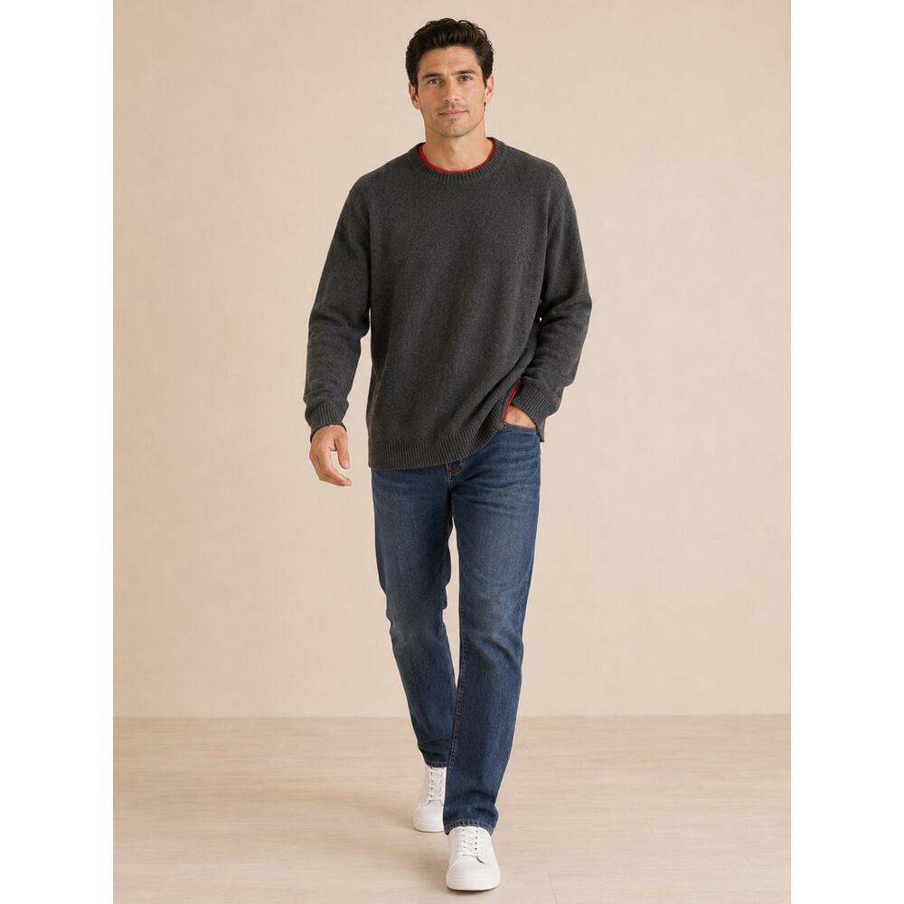 Lands’ End Men’s XXL Charcoal Crewneck Sweater Red Trim Casual Knit